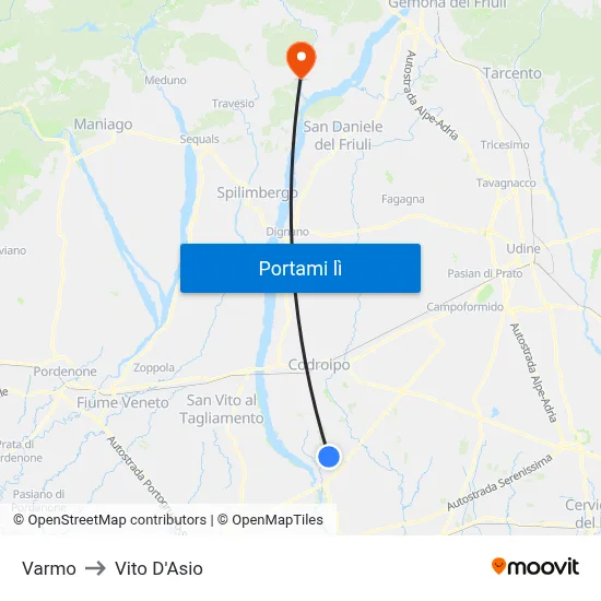 Varmo to Vito D'Asio map