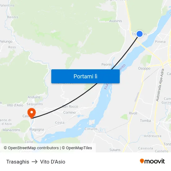 Trasaghis to Vito D'Asio map