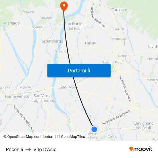 Pocenia to Vito D'Asio map