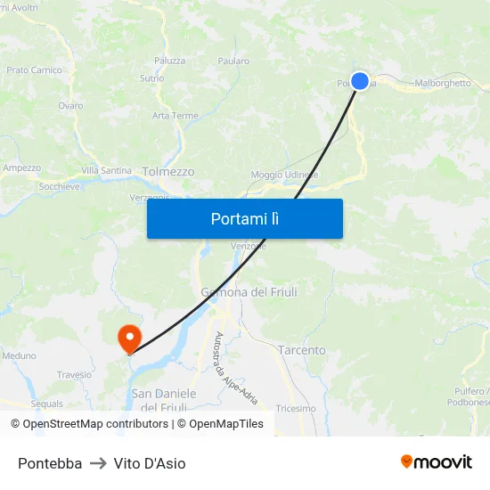 Pontebba to Vito D'Asio map