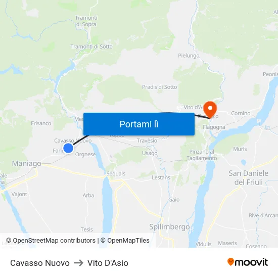 Cavasso Nuovo to Vito D'Asio map