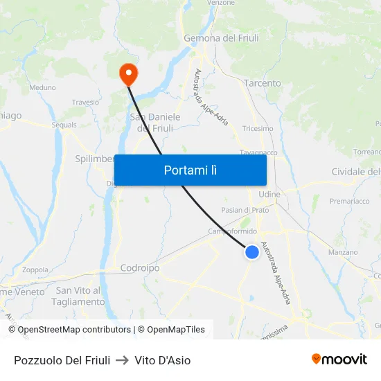 Pozzuolo Del Friuli to Vito D'Asio map