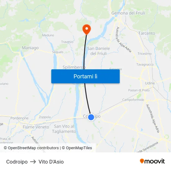 Codroipo to Vito D'Asio map