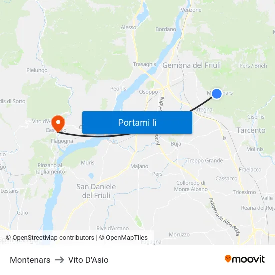 Montenars to Vito D'Asio map