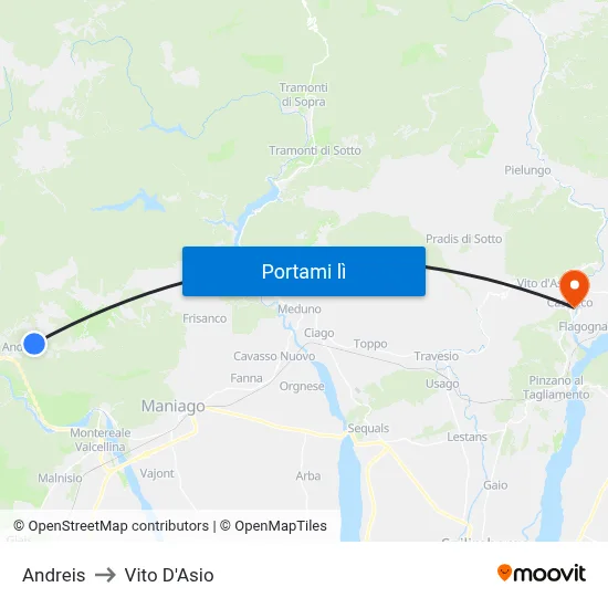 Andreis to Vito D'Asio map