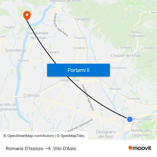 Romans D'Isonzo to Vito D'Asio map
