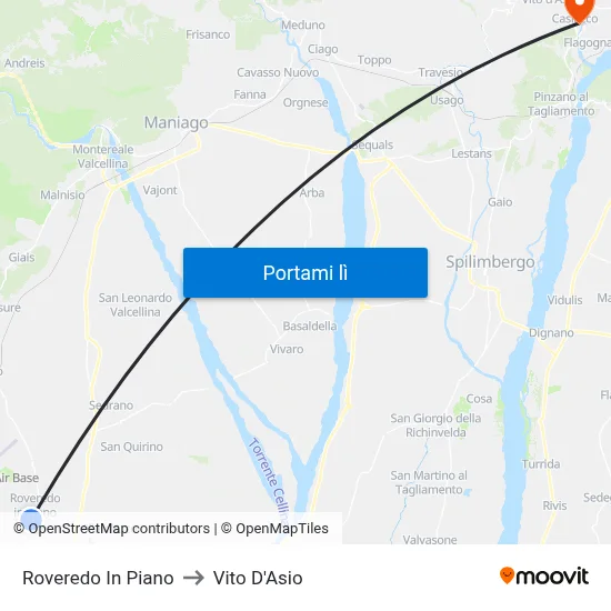 Roveredo In Piano to Vito D'Asio map