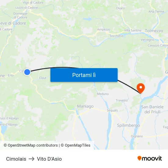 Cimolais to Vito D'Asio map