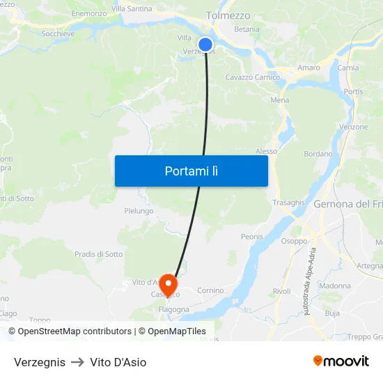 Verzegnis to Vito D'Asio map