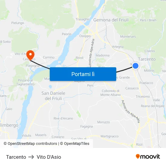 Tarcento to Vito D'Asio map