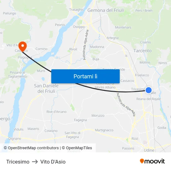 Tricesimo to Vito D'Asio map