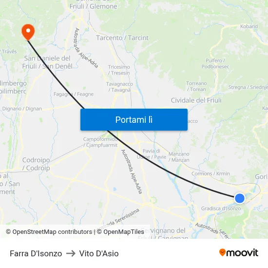 Farra D'Isonzo to Vito D'Asio map