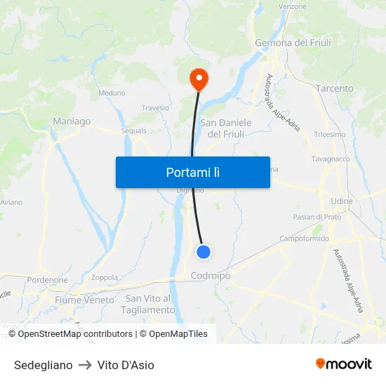 Sedegliano to Vito D'Asio map