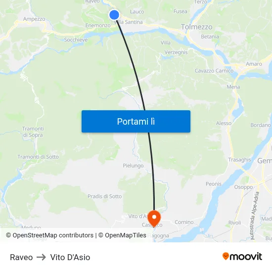 Raveo to Vito D'Asio map