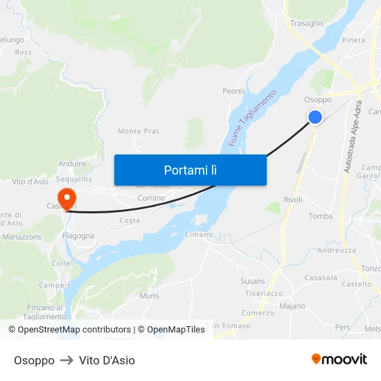 Osoppo to Vito D'Asio map