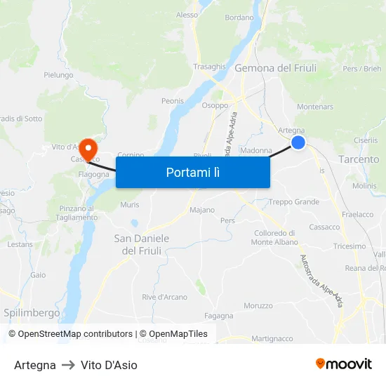 Artegna to Vito D'Asio map