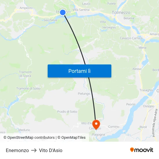 Enemonzo to Vito D'Asio map