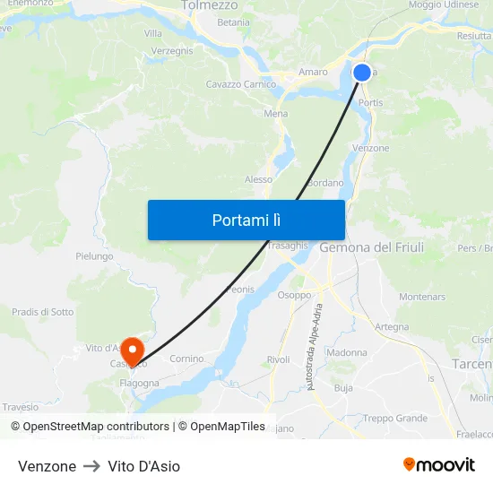 Venzone to Vito D'Asio map