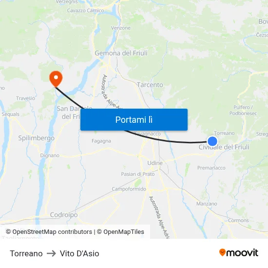 Torreano to Vito D'Asio map