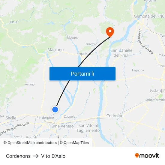Cordenons to Vito D'Asio map