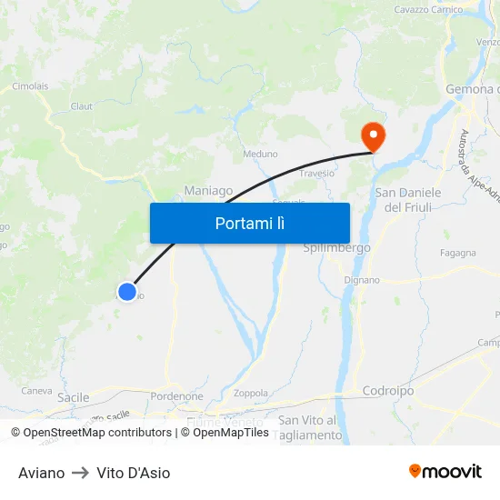 Aviano to Vito D'Asio map