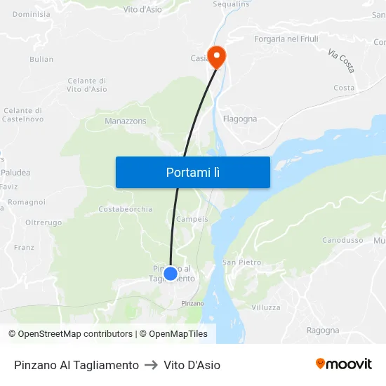 Pinzano Al Tagliamento to Vito D'Asio map
