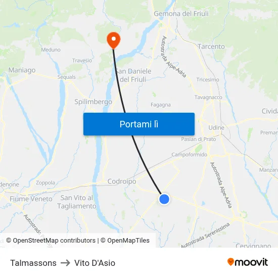 Talmassons to Vito D'Asio map