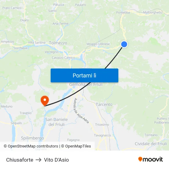 Chiusaforte to Vito D'Asio map