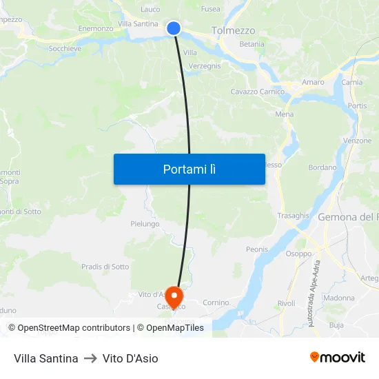 Villa Santina to Vito D'Asio map