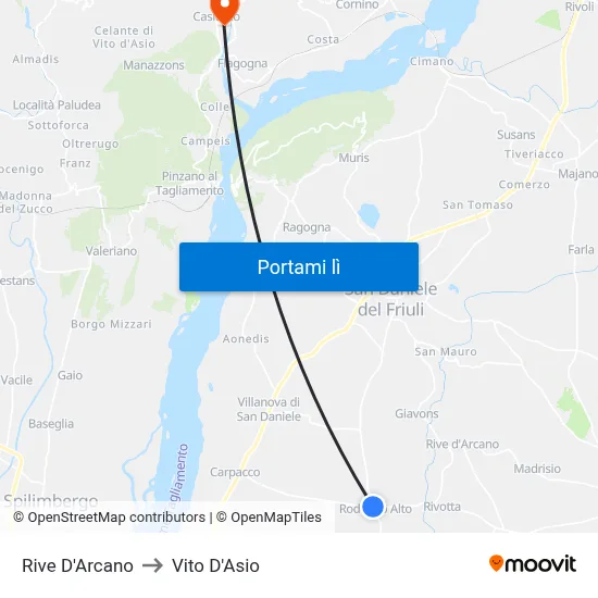 Rive D'Arcano to Vito D'Asio map