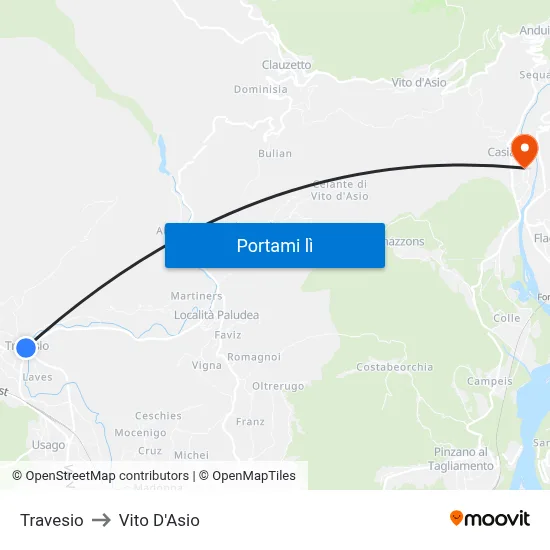 Travesio to Vito D'Asio map