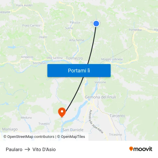 Paularo to Vito D'Asio map