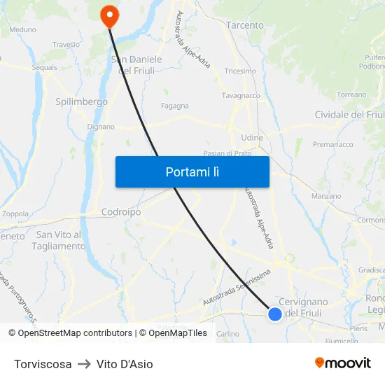 Torviscosa to Vito D'Asio map