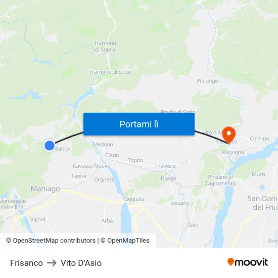Frisanco to Vito D'Asio map