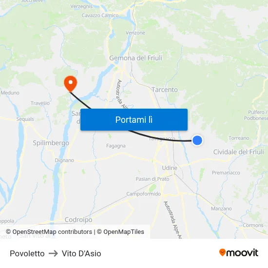 Povoletto to Vito D'Asio map