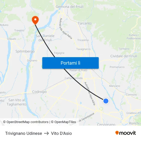 Trivignano Udinese to Vito D'Asio map