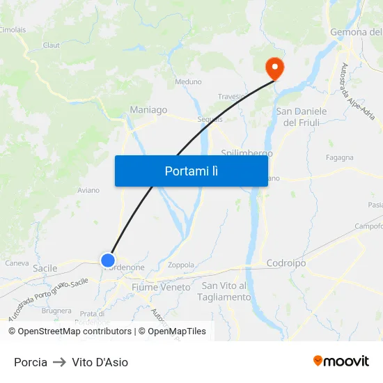 Porcia to Vito D'Asio map