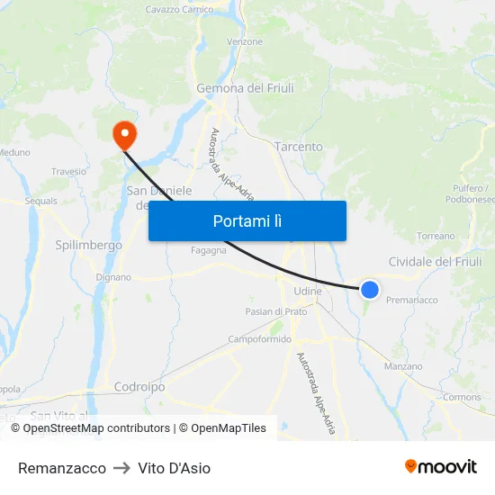 Remanzacco to Vito D'Asio map