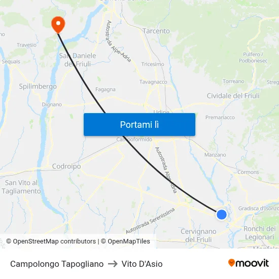 Campolongo Tapogliano to Vito D'Asio map