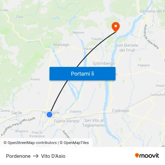 Pordenone to Vito D'Asio map