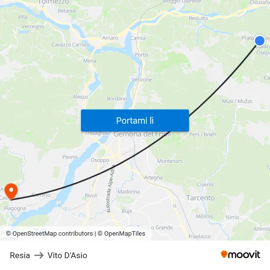 Resia to Vito D'Asio map