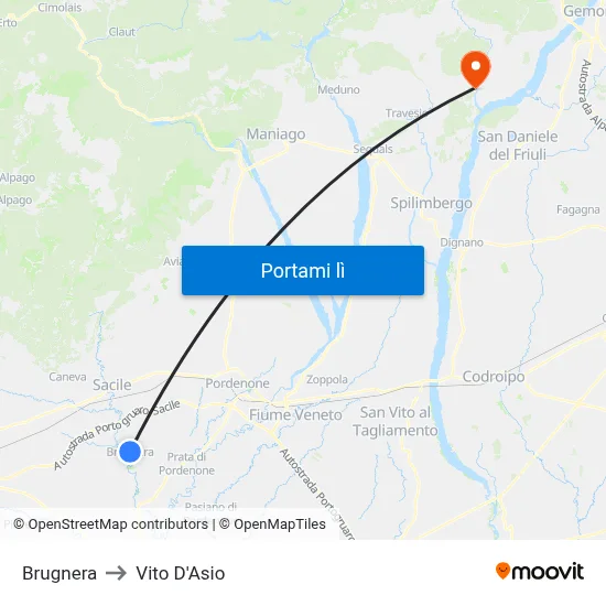 Brugnera to Vito D'Asio map