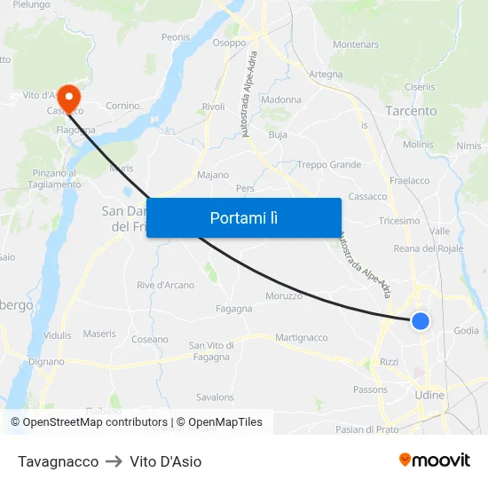 Tavagnacco to Vito D'Asio map