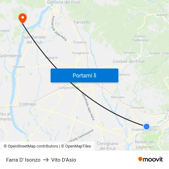 Farra D' Isonzo to Vito D'Asio map
