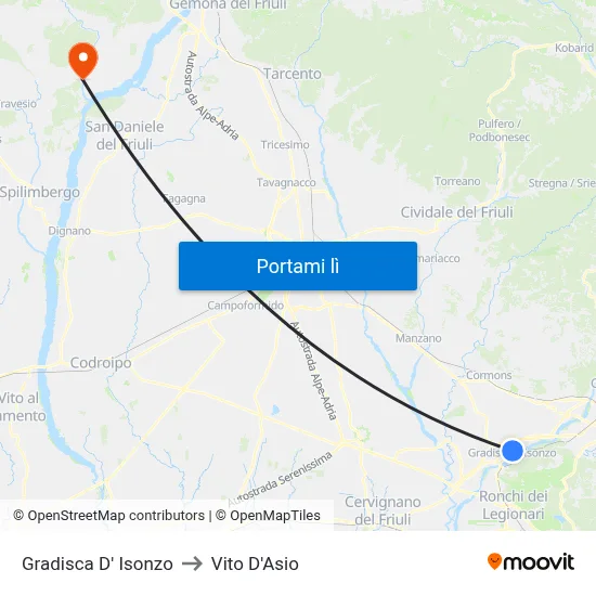 Gradisca D' Isonzo to Vito D'Asio map