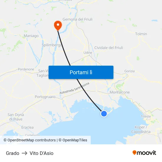 Grado to Vito D'Asio map
