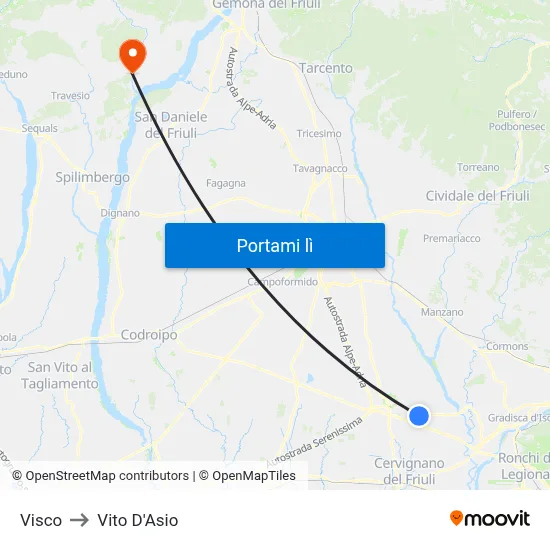 Visco to Vito D'Asio map