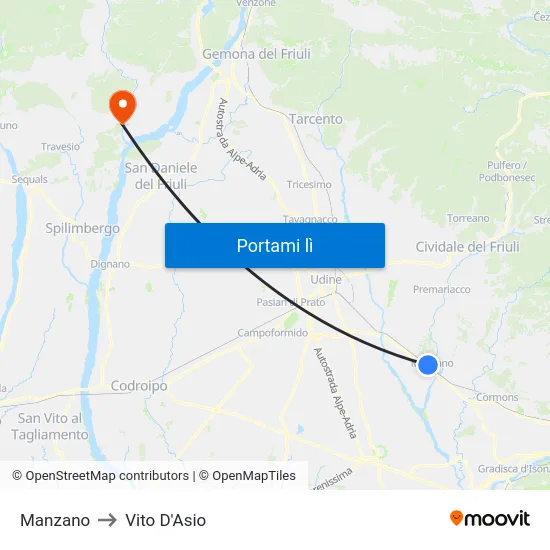 Manzano to Vito D'Asio map