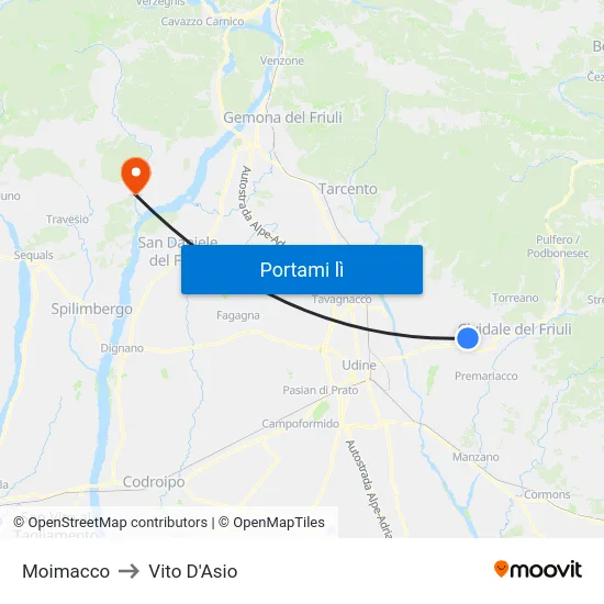Moimacco to Vito D'Asio map