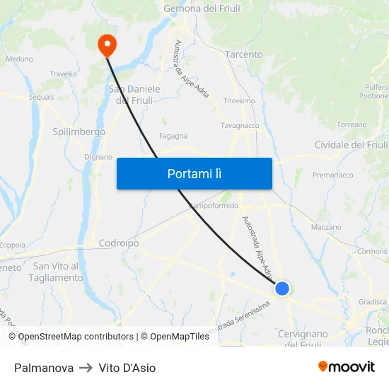 Palmanova to Vito D'Asio map